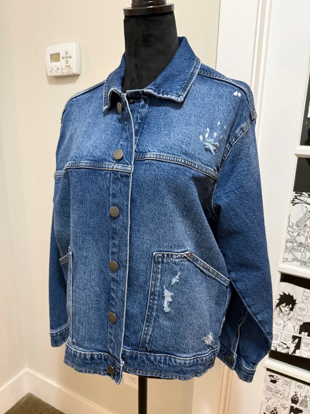 a.n.a. Women’s Distressed Blue Denim Jacket with Paint-Splatter Detail - Picture 10 of 10